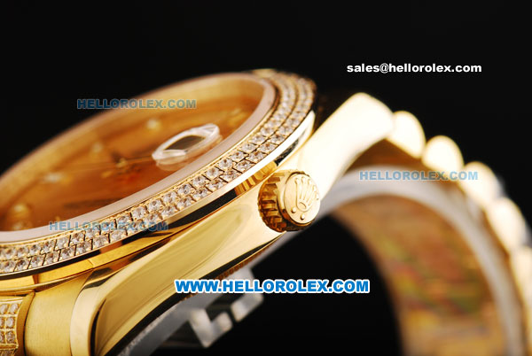 Rolex Day Date II Automatic Movement Full Gold with Double Row Diamond Bezel - Diamond Markers and Gold Dial - Click Image to Close